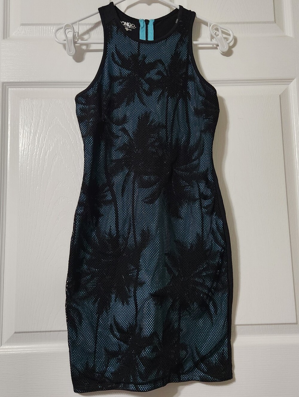 BONGO Teal Palm-Print Mesh Bodycon Dress, Size S